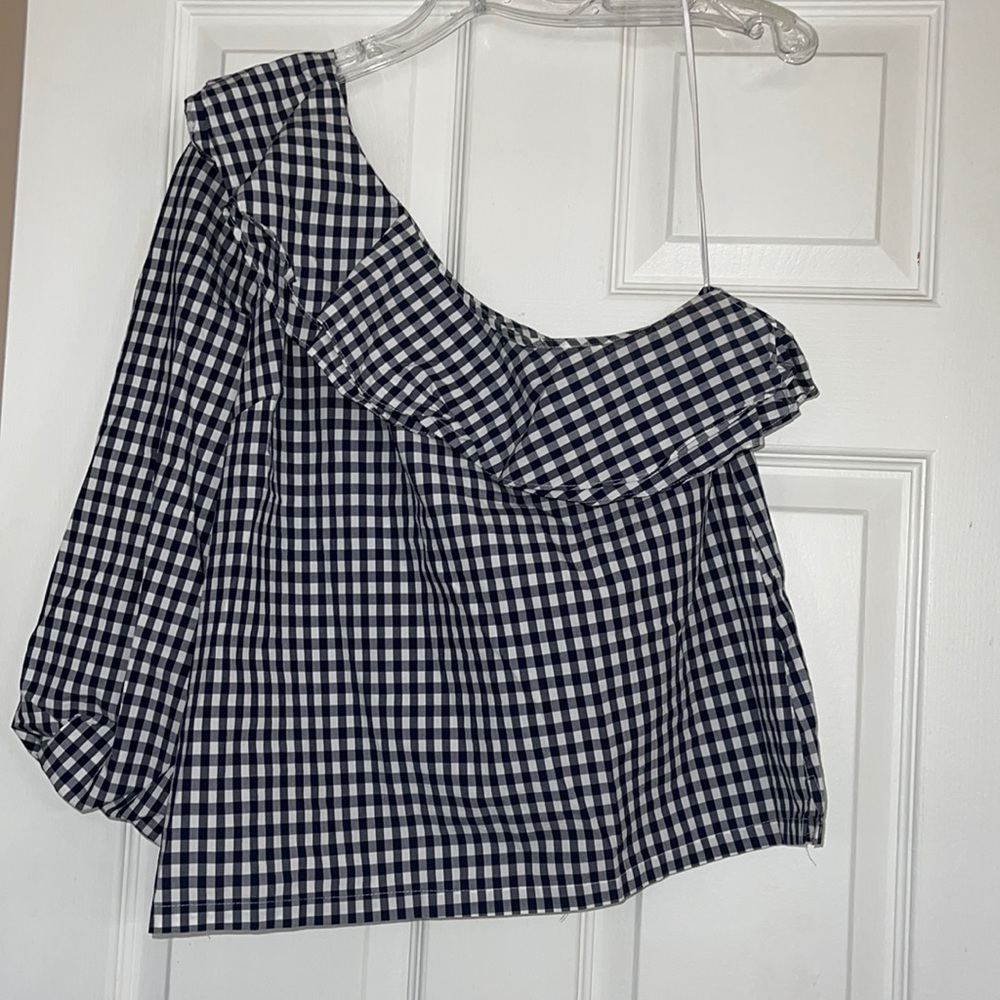 J Crew One Shoulder Gingham Patterned Top - image 1